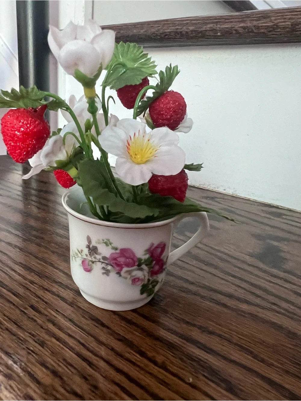 Floral Porcelain Teacup Vase with Red Strawberry Accents Farmhouse Decor